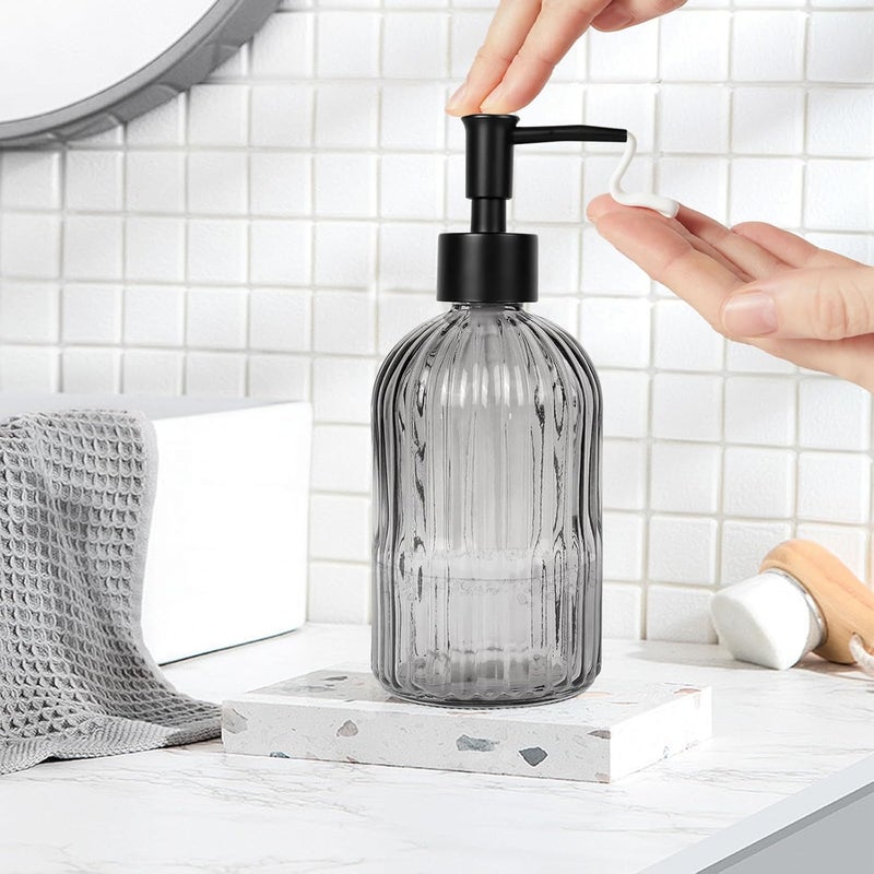 Guokanfly 14Oz Black Pump Glass Soap Dispenser, Gray Stripe Countertop Refillable Liquid Bottle Hand Dish Lotion Dispenser with Plastic Pump, for Kitchen, Bathroom - Image 5